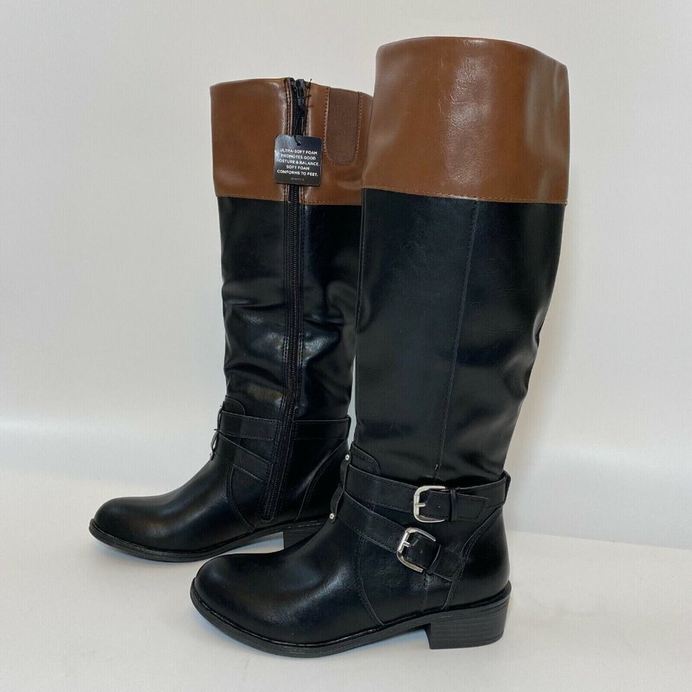 Arizona Women's Denver Riding Boots in Black/Brown Block Heel sz 5 Wide Calf